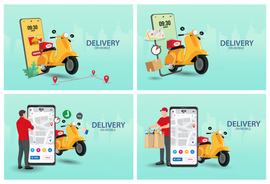 Set Bundle Online Delivery Service Web Banner Template. Courier on Scooter Delivering Parcel Box. Smartphone with Mobile App for Delivery Tracking. Flat Isometric Vector Illust