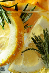 Cocktail gin-tonic with lemon slices and rosemary.
