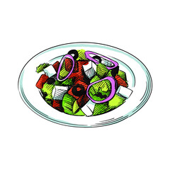 Colorful watercolor Hand drawn sketch of Traditional Greek Salad Horiatiki on a white background. Greek cuisine. Food. Meals.	