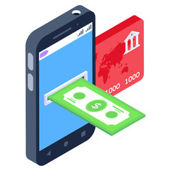 
Card inside mobile denoting isometric icon of mobile transaction 

