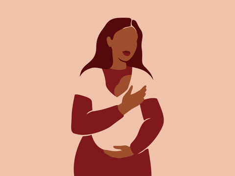 Young mother holds her Newborn Baby in Sling with love and care. African American woman and her infant child together. Happy Mother's Day concept. Paper cut vector illustration