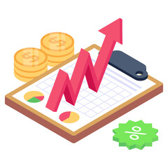 
Currency with chart denoting isometric icon of financial growth 

