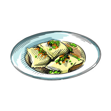 recommend clip art: Colorful watercolor Hand drawn sketch of German German Maultaschen Dumplings on a white background. German cuisine. Food. Meals.	
                    