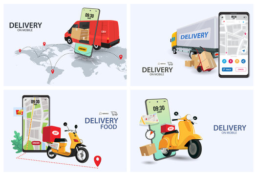 Set of web page design template for online delivery service. Fast food, Tracking, shipping concept for website and mobile website development