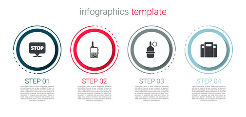 Set Protest, Walkie talkie, Hand grenade and Police assault shield. Business infographic template. Vector.