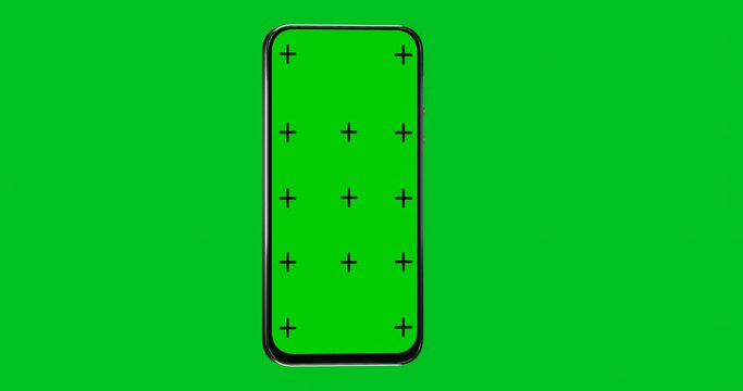 Mobile phone with blank green screen, front view, isolated on green background. animation with camera track motion for presentation on mockup screen