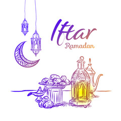 Ramadan Kareem with Hand drawn Islamic Illustration ornament on White Background
