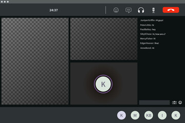 Screen template of video conference for three persons, modern software for virtual meetings, remote work or lections on transparent background
