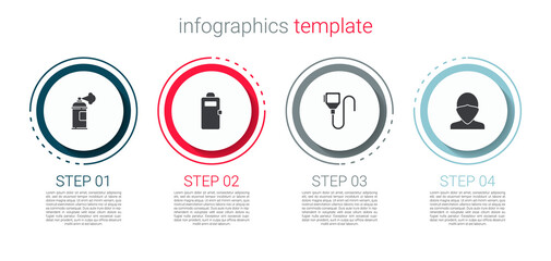 Set Paint spray can, Police assault shield, Walkie talkie and Vandal. Business infographic template. Vector.