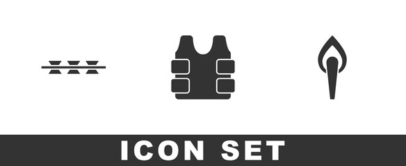 Set Barbed wire, Bulletproof vest and Torch flame icon. Vector.