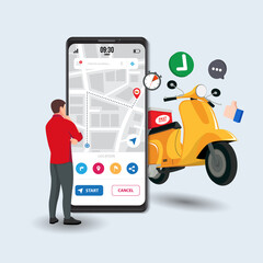 City map route navigation smartphone,itinerary destination arrow paper city map with young man see Route checkpoint and yellow fast delivery scooter