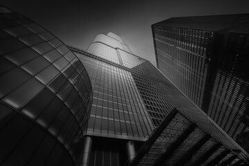 From below exterior of modern high rise buildings with glass mirrored walls under dark blue sky on street of Chicago in USA, black and white picture