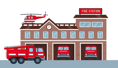 Fire station building with fire engine vehicle.