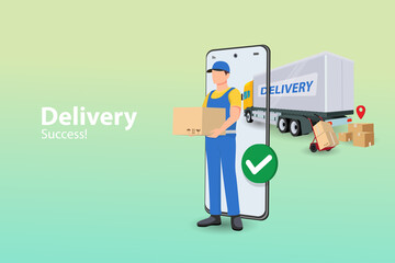 Delivery van shipping transportation service truck concept over cityscape background horizontal banner copy space flat vector illustration