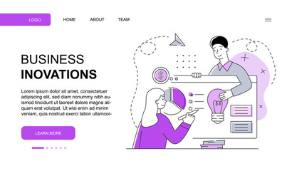Male and female characters are working on business innovations together. Young man and woman creating innovative products. Website, web page, landing page template. Flat cartoon vector illustration