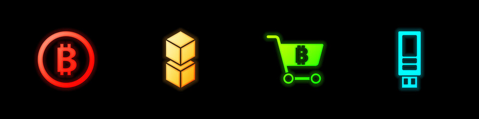 Set Bitcoin, Blockchain technology, Shopping cart with bitcoin and USB flash drive icon. Vector.