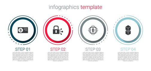 Set Credit card with bitcoin, Lock, CPU mining farm and Blockchain technology. Business infographic template. Vector.