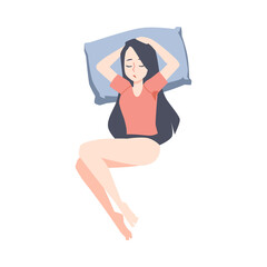 Woman sleeping on her back with pillow flat vector illustration isolated.