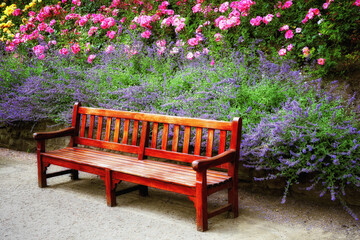 A bench in a flowery park