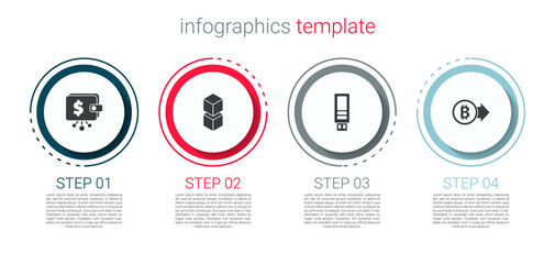 Set Cryptocurrency wallet, Blockchain technology, USB flash drive and Bitcoin. Business infographic template. Vector.