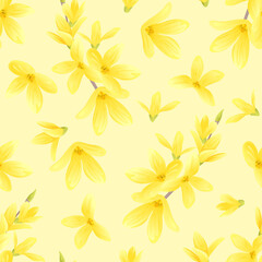 Forsythia flowers on yellow background. Spring seamless pattern. Branches of blooming plant. Vector cartoon floral illustration. 