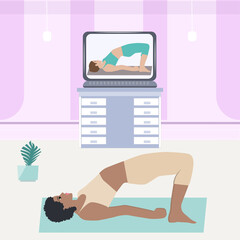 Fitness classes at home, online courses - woman doing stretching exercise - vector. Mental health. Online sports coach.