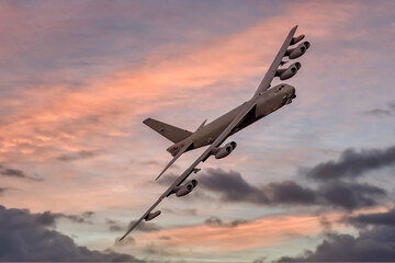 B52 Bomber. United States Air Force (USAF) Boeing B-52 heavy bomber banking towards the camera