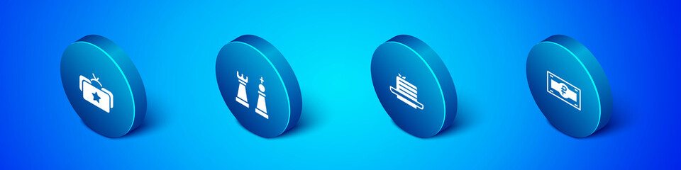 Set Isometric Ushanka, Medovik, Russian ruble banknote and Chess icon. Vector.