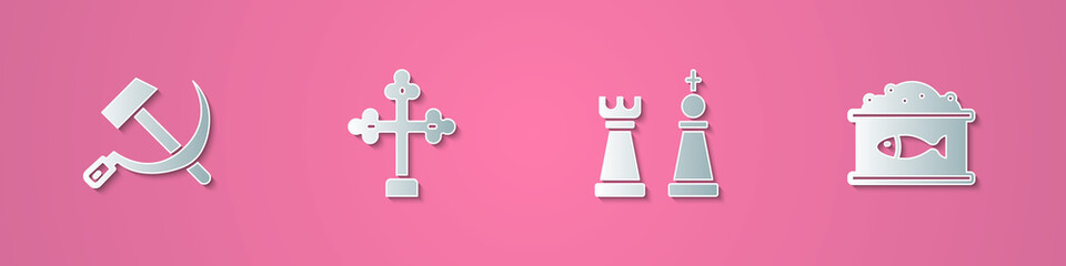 Set paper cut Hammer and sickle USSR, Christian cross, Chess and Tin can with caviar icon. Paper art style. Vector.