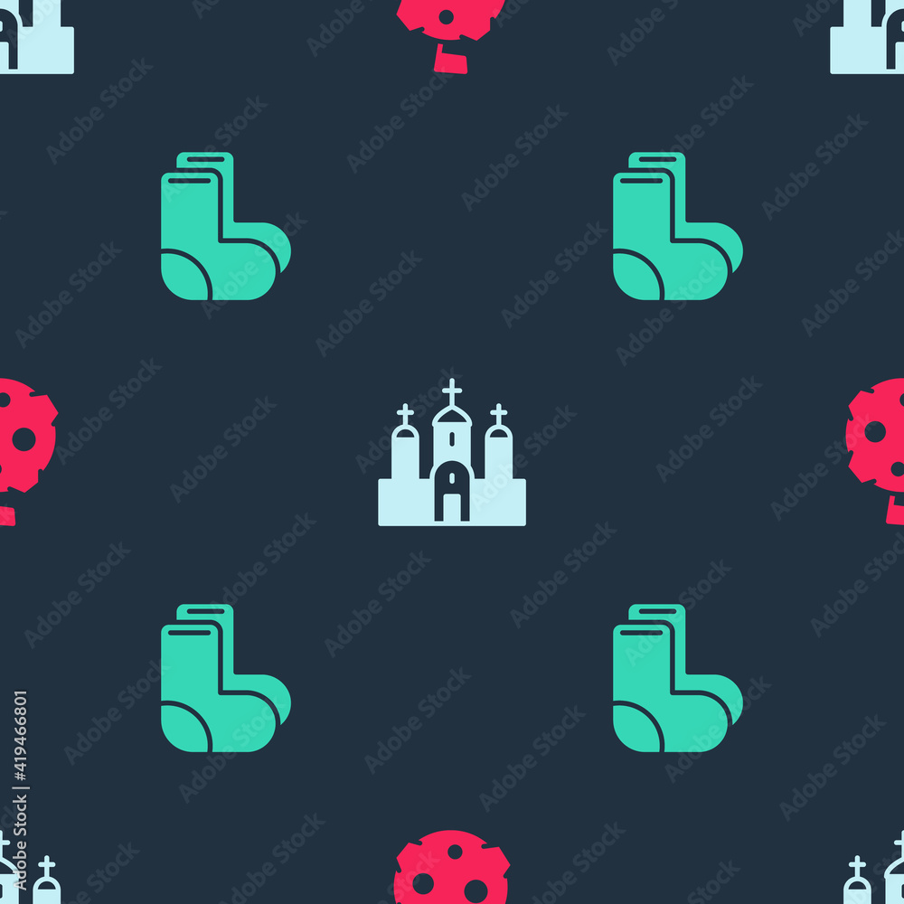 Sticker set moon with flag, church building and valenki on seamless pattern. vector.