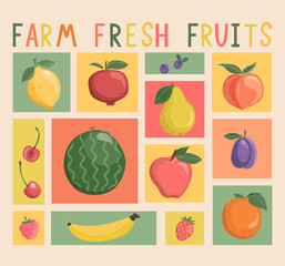 Big set of isolated vintage cards with hand drawn fruits and berries.Sweet summer delicacy, orange, lemon, pomegranate, cherry, blueberry, strawberry,tasty healthy food. Template. Farm fresh.Vector