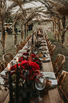 Wooden table served with plates and decorated with flowers in garden for wedding party