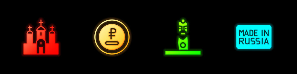 Set Church building, Rouble, ruble currency, Slavic pagan idol and Made Russia icon. Vector.