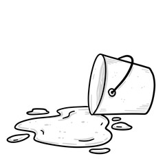 Water is poured out of bucket. Overturned pail with puddle and splashes with drops. Sketch cartoon illustration