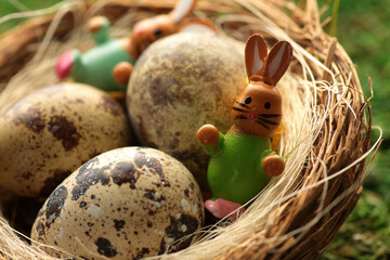 Easter background - two rabbits in a nest with eggs extreme clode-up
