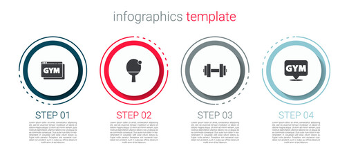 Set Online fitness and training, Racket ball, Dumbbell and Location gym. Business infographic template. Vector.