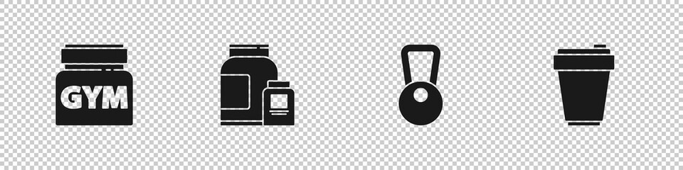 Set Sports nutrition, , Kettlebell and Fitness shaker icon. Vector.