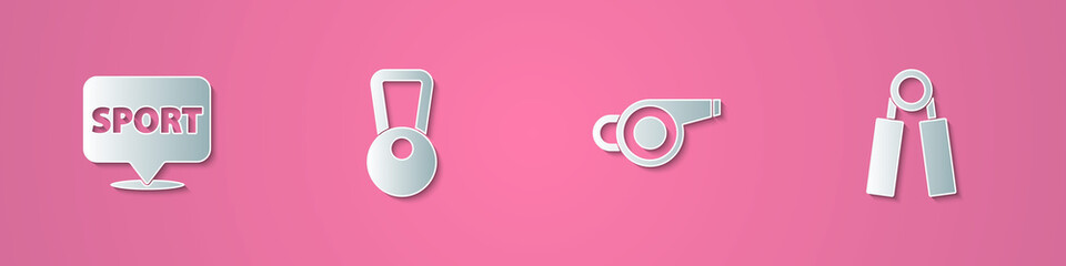 Set paper cut Location gym, Kettlebell, Whistle and Sport expander icon. Paper art style. Vector.