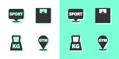 Set Location gym, , Weight and Bathroom scales icon. Vector.