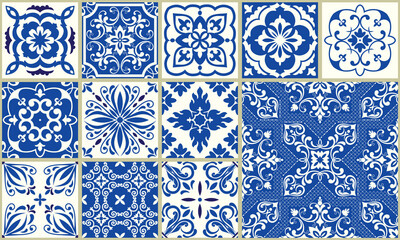 Seamless patchwork from Azulejo tiles. Collection of ceramic tiles in turkish style. Portuguese and Spain decor in blue, white. Islam, Arabic, Indian, Ottoman motif. Vector Hand drawn background - 419468204
