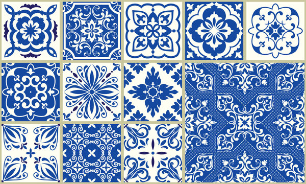 Seamless patchwork from Azulejo tiles. Collection of ceramic tiles in turkish style. Portuguese and Spain decor in blue, white. Islam, Arabic, Indian, Ottoman motif. Vector Hand drawn background