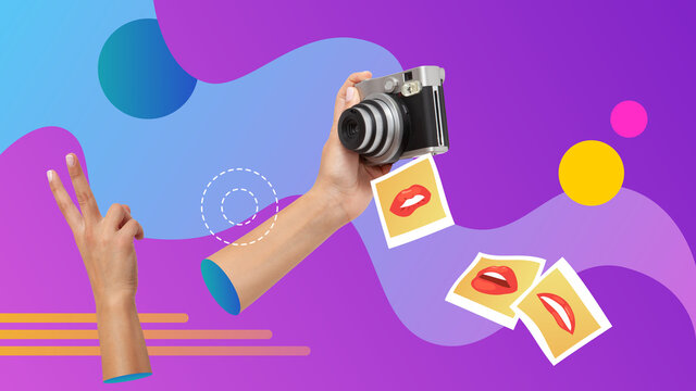 Conceptual contemporary art collage. Hand holding and instant camera taking selfie pictures. 