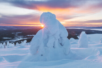Lapland winter landscape. Snow figures of Salma mountain, the popular ski resort of Karelia. Salma...