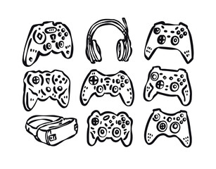 A collection of hand-drawn joysticks, headphones. Gamepads for the design of T-shirts, posters, banners and logos, vector illustrations. Virtual reality headset icon.