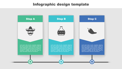Set Mexican man sombrero, Tequila bottle and Hot chili pepper pod. Business infographic template. Vector.