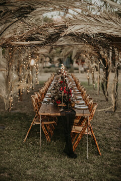 Wooden table served with plates and decorated with flowers in garden for wedding party