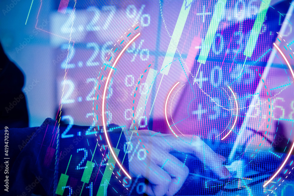Poster financial data of stock market in term of a digital prices on led display. a number of daily market 
