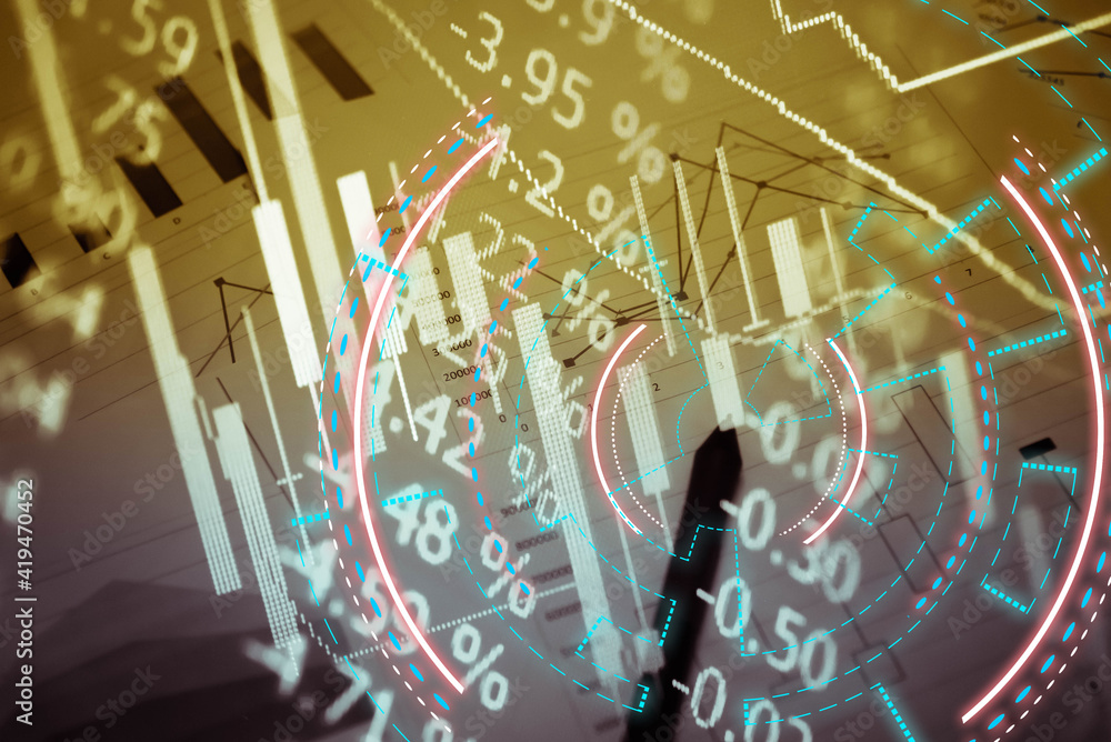 Poster financial data of stock market in term of a digital prices on led display. a number of daily market 