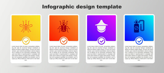 Set Mosquito, Beetle bug, Beekeeper hat and Pressure sprayer. Business infographic template. Vector.