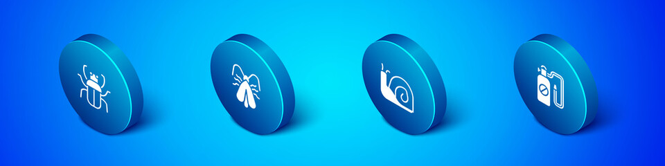 Set Isometric Stink bug, Snail, Pressure sprayer and Clothes moth icon. Vector.